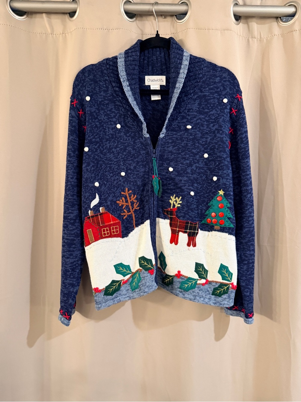 Chadwicks Navy Festive Zip-Front Holiday Cardigan with Red and Green Appliqué